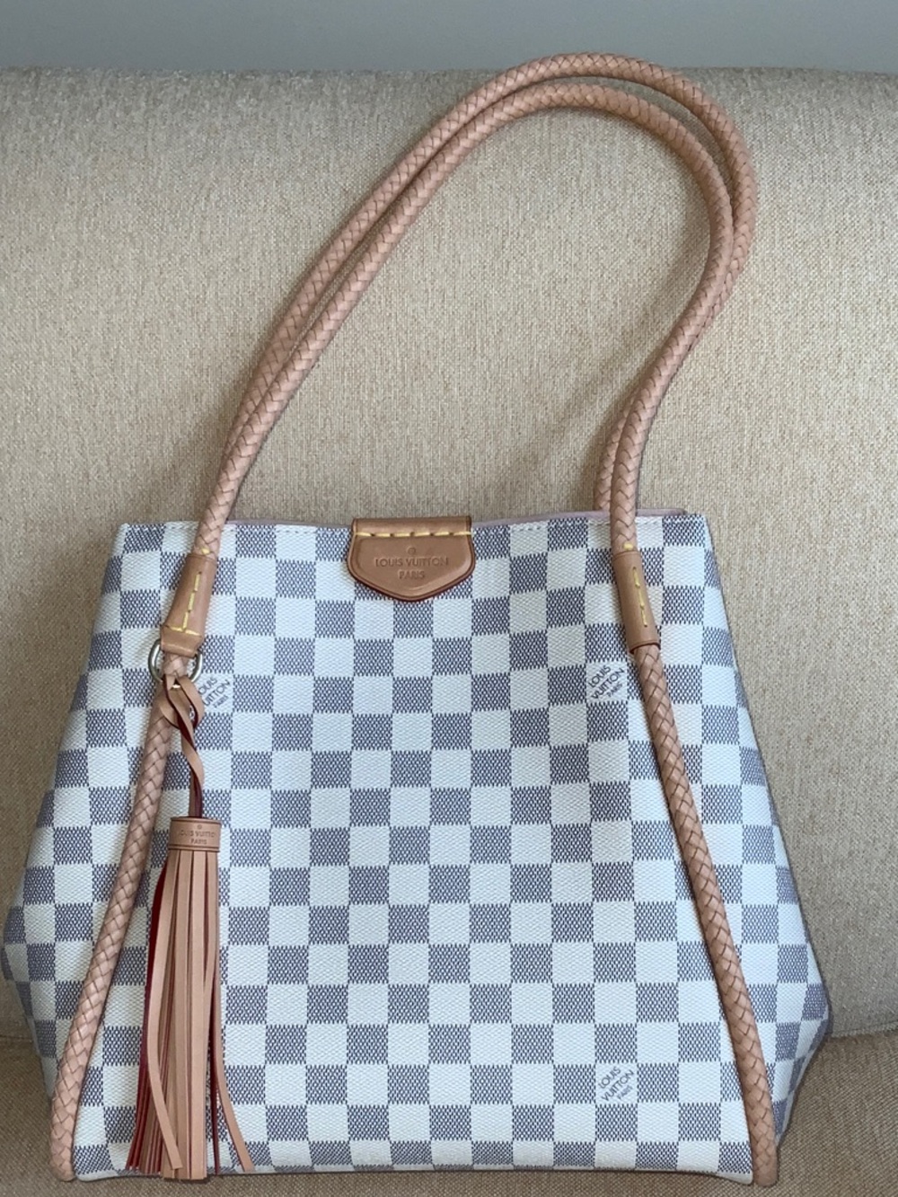 Louis Vuitton White and Beige Checkered Tote with Tassel